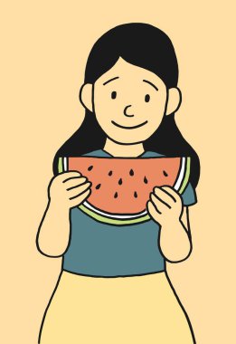 Büyük bir dilim karpuz tutan gülümseyen mutlu kız vektör karikatür tarzı çizim