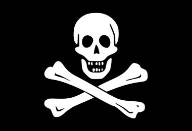 Korsanlarla (Jolly Roger) sembolik beyaz kafatası ve çapraz kemikler üzerine siyah izole ünlü bayrağı vektör çizim