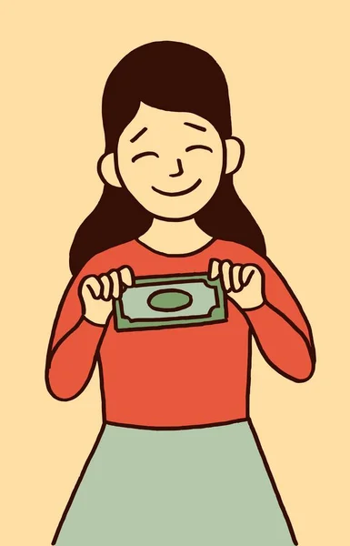 一个美丽的微笑的女孩拿着金钱的向量动画片 — 图库矢量图片