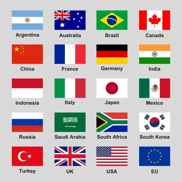 Conjunto Banderas Oficiales Los Estados Del G20 Principales Economías Proporción — Vector de stock