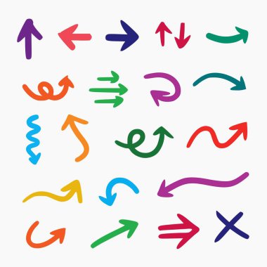 Vektör set el Beyaz arka plan üzerinde izole renkli oklar çizilen 