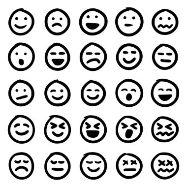 Beyaz arka plan üzerinde çizilmiş ifadeler (emoji) izole el kümesi vektör