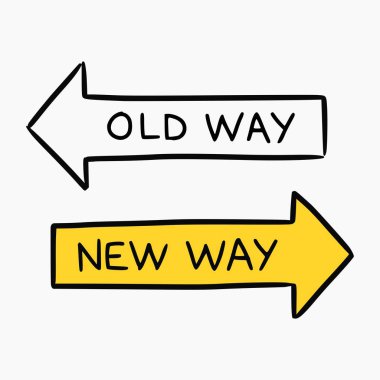 Çizilmiş doodle stil illüstrasyon iş için yeni yol ve eski yol yaklaşımı temsil eden iki yol işaretleri el