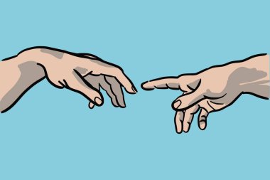 Cartoon style vector illustration of the creation of Adam by Michelangelo Buonarroti - hands detail clipart