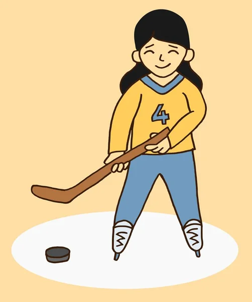 Векторная Иллюстрация Мультяшного Стиля Улыбающейся Девочки Играющей Хоккей — стоковый вектор