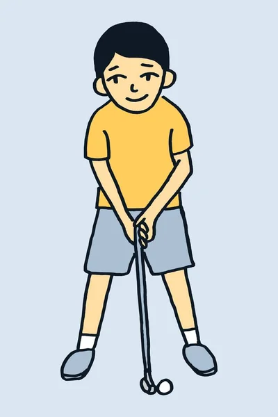 Ilustración Estilo Dibujado Mano Vectorial Niño Jugando Minigolf Aislado Sobre — Vector de stock