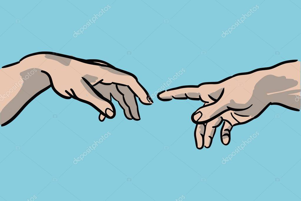Cartoon style vector illustration of the creation of Adam by Michelangelo Buonarroti - hands detail