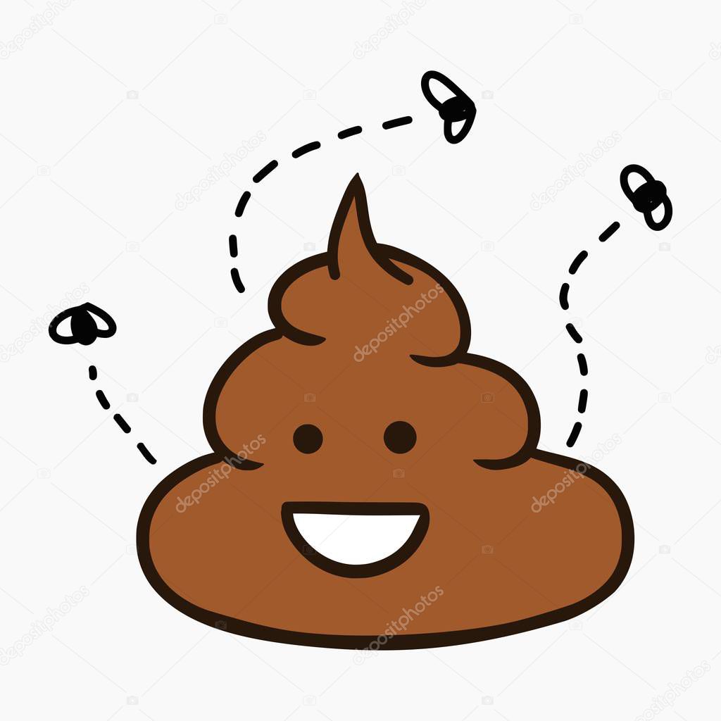 Hand drawn cartoon style illustration of funny poop with flies - vector editable graphic isolated on white background