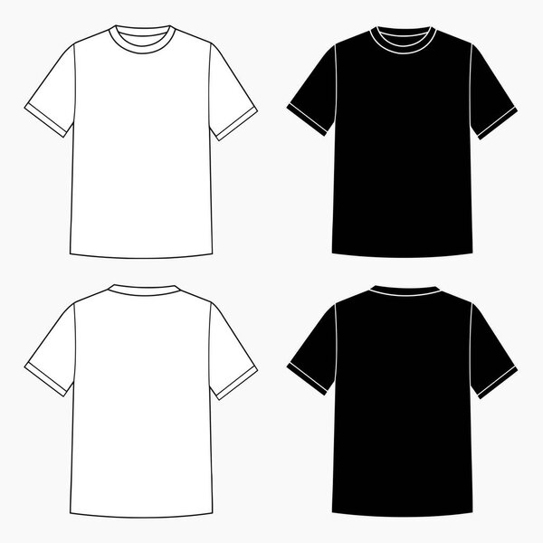 Высококачественный векторный шаблон иллюстрации пустой основной футболки в белом и черном вариантах
