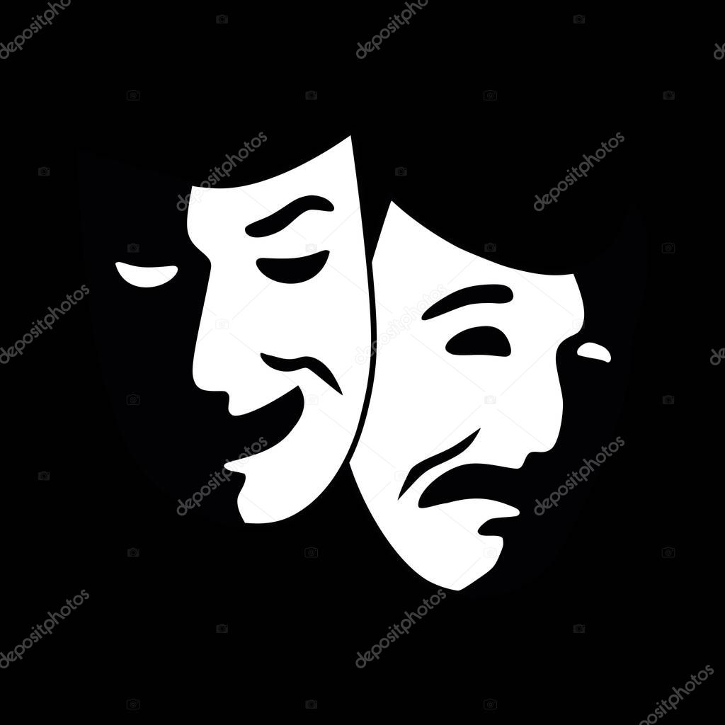 High quality vector illustration of white theater masks sign representing comedy and drama isolated on black