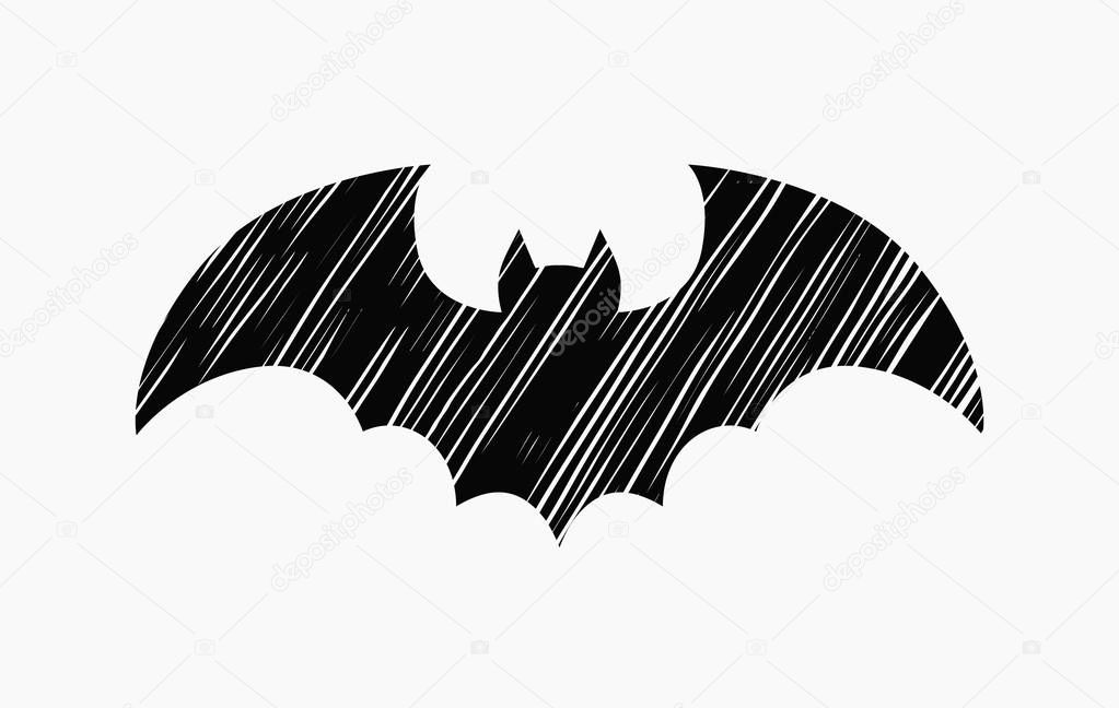 Vector hand drawn grunge style illustration of a black bat silhouette isolated on white background