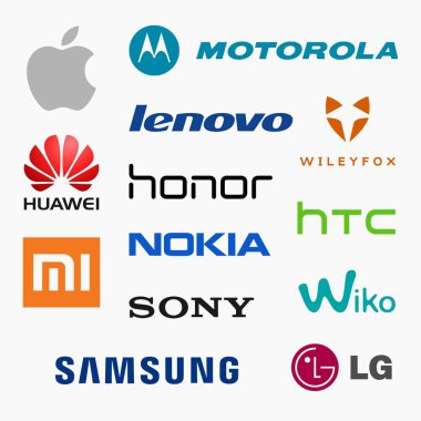 Milan, İtalya - Dicember 12, 2018: Vektör 13 en popüler akıllı telefon üreticileri logo koleksiyonu ayarla