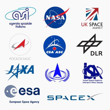 Milan, İtalya - Dicember 12, 2018: Vektör büyük uzay ajansları dünya logo koleksiyonu kümesi 