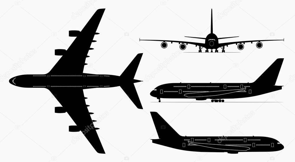 Vector set of four passenger jetliner illustrations (Airbus A380) in different perspective - isolated on white background