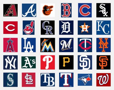 Milan, İtalya - Dicember 13, 2018: Resmi yüksek kaliteli vektör kap Insignia logo toplama beyaz arka plan üzerinde izole 30 Major League Baseball (Mlb) takım