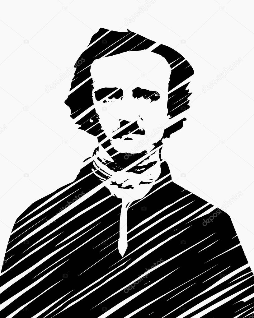 High quality vector illustration portrait of the american author and poet Edgar Allan Poe - hand drawn scribble style technique isolated on white background