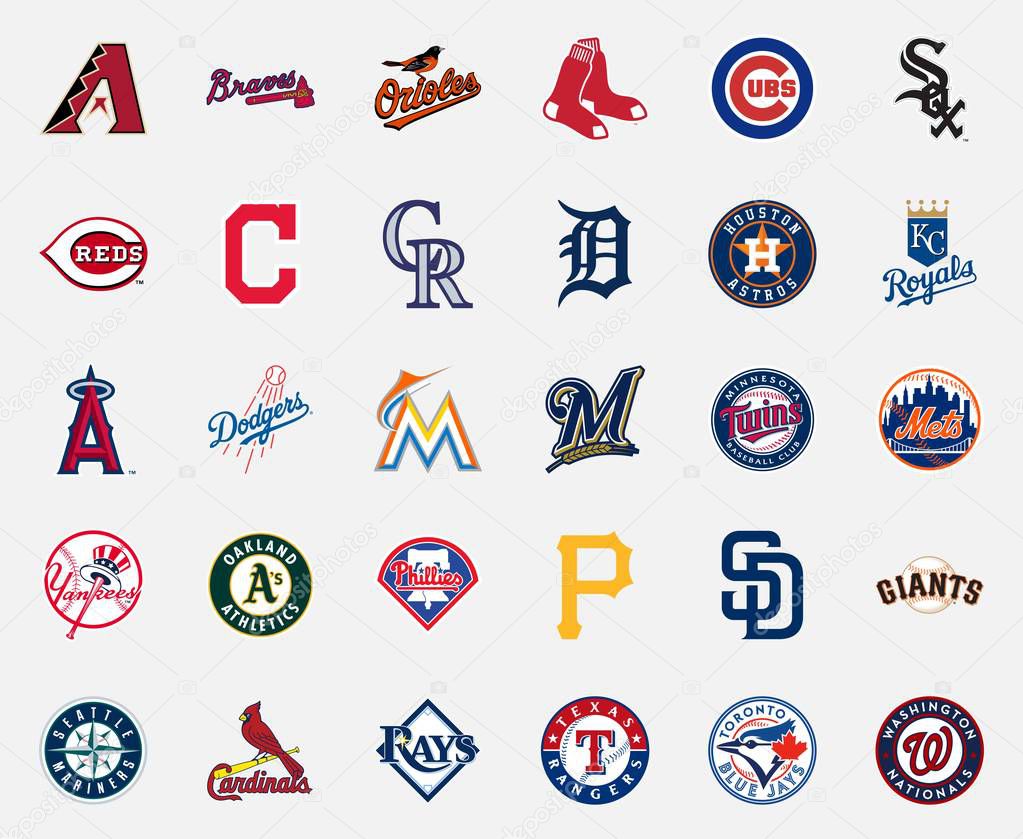 MILAN, ITALY - DICEMBER 13, 2018: Official high quality vector logos collection of the 30 Major League Baseball (MLB) teams isolated on white background