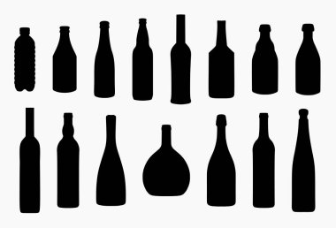 Topluluğu 15 farklı şişe şarap, bira ve diğerleri, beyaz arka plan üzerinde izole siluet vektör