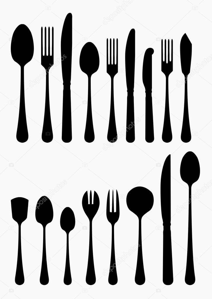 Vector silhouettes collection of simple cutlery isolated on white background