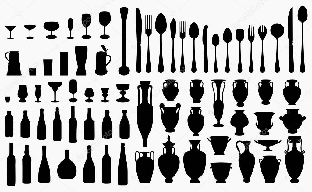Vector silhouette icons collection of many different bottles and glasses, vases and cutlery isolated on white background