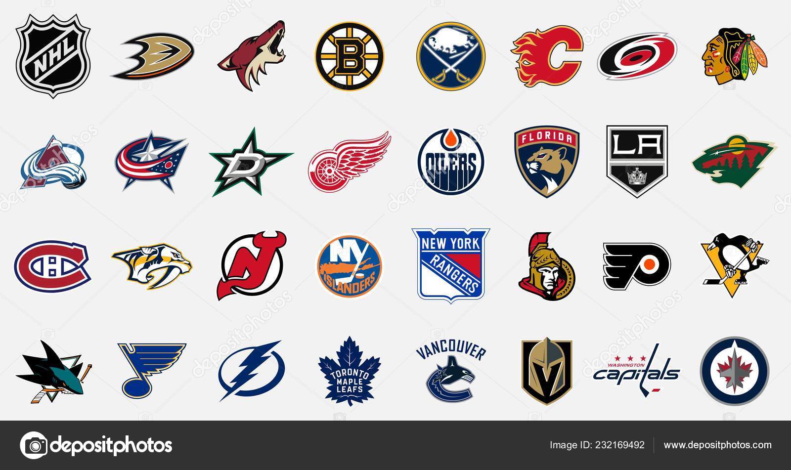 Logo of all 2021-2022 Season national hockey league teams. NHL