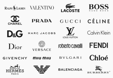 Milan, İtalya - 17 Aralık 2018: Vektör logolar toplama dünyanın 24 en ünlü moda markaları