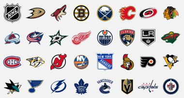 MILAN, ITALY - DECEMBER 12, 2018: Official high quality vector logos collection of the 30 National Hockey League (NHL) teams isolated on white background clipart