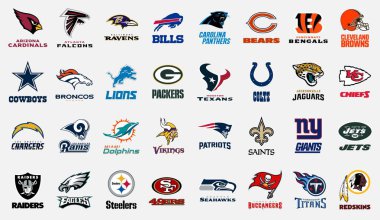 MILAN, ITALY - DECEMBER 12, 2018: Official high quality vector logos collection of the 32 National Football League (NFL) teams isolated on white background clipart