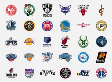 MILAN, ITALY - DECEMBER 12, 2018: Official high quality vector logos collection of the 30 National Basketball Association (NBA) teams isolated on white background clipart