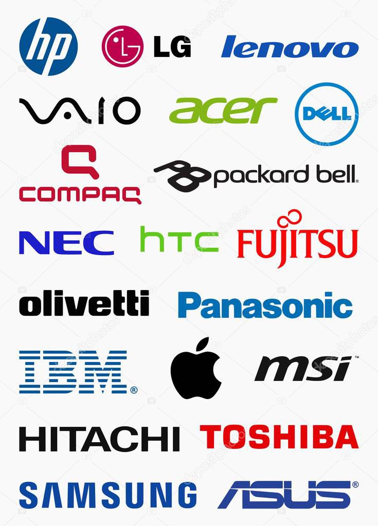 MILAN, ITALY - DECEMBER 17, 2018: Vector set collection of the most popular computer producers logos