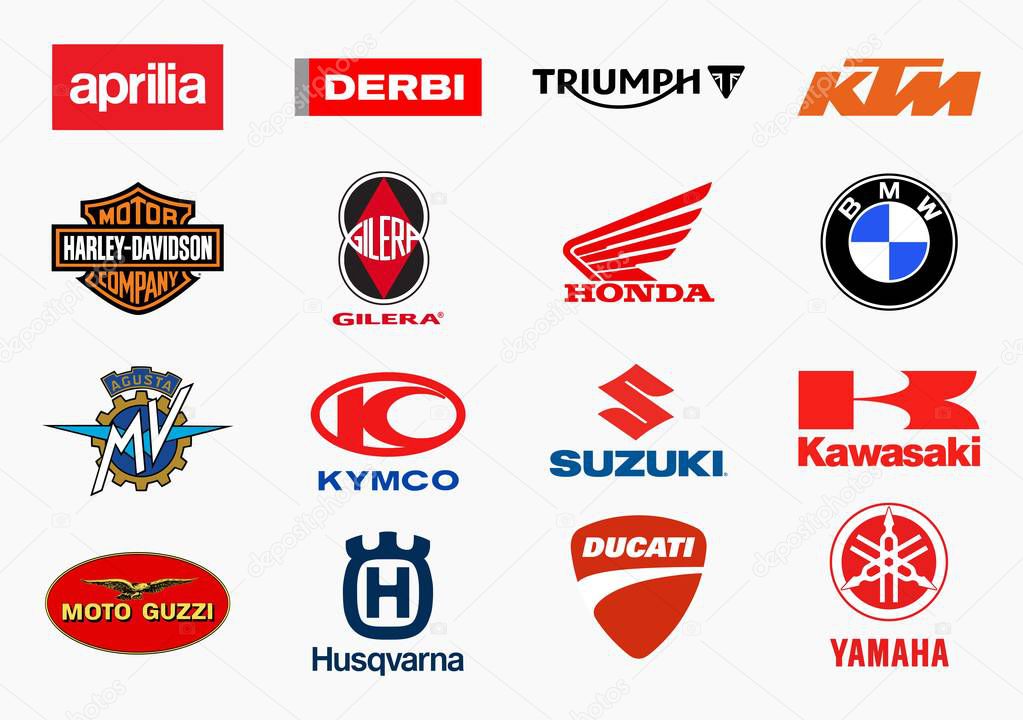 MILAN, ITALY - DECEMBER 17, 2018: Vector set of the major motorcycles producers in the world high quality logo collection