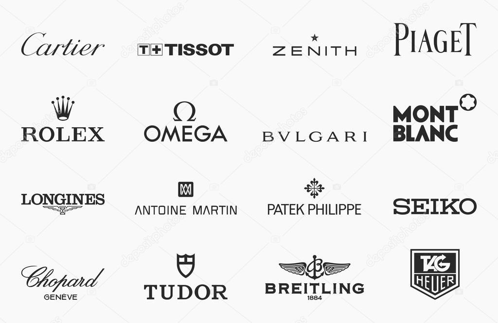 MILAN, ITALY - DECEMBER 17, 2018: Vector brand logos collection of the 16 most famous luxury watches producers in the world