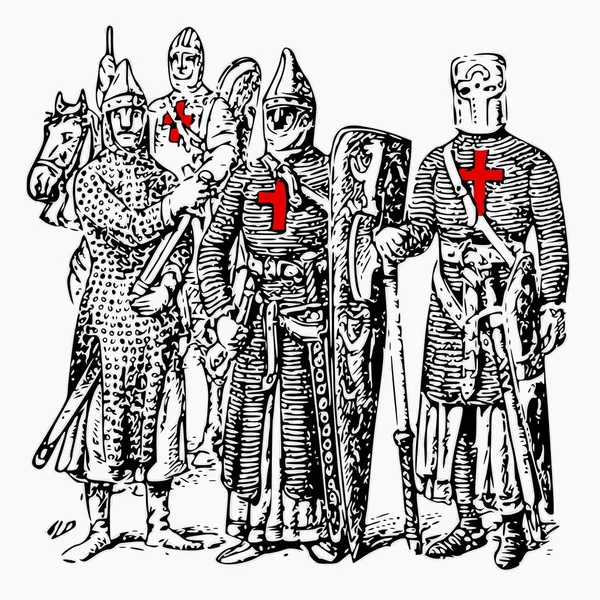 Illustration Vectorielle Chevaliers Templiers Avec Croix Rouge Armures Isolés Sur — Image vectorielle