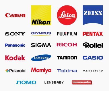 MILAN, ITALY - DECEMBER 21, 2018: Vector high quality logo collection of the most important photography related companies - photographic cameras and equipment producers logos clipart
