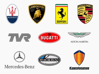 MILAN, ITALY - DICEMBER 21, 2018: Vector logos collection set of the major and most famous super cars producers in the world clipart