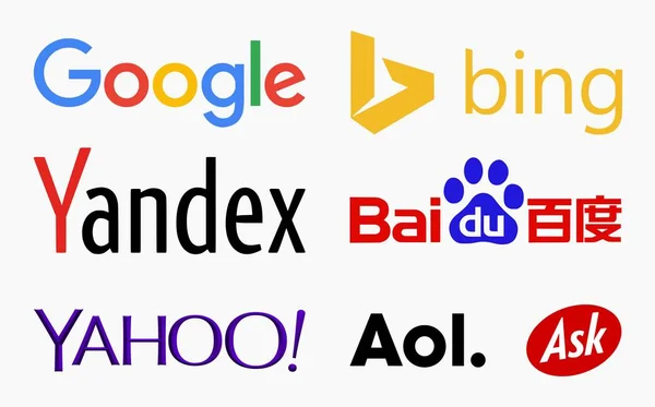 Milan, İtalya - 21 Aralık 2018: Yeni google logosu da dahil olmak üzere en popüler ve kullanılan web arama motorları şirket logoları, vektör toplama