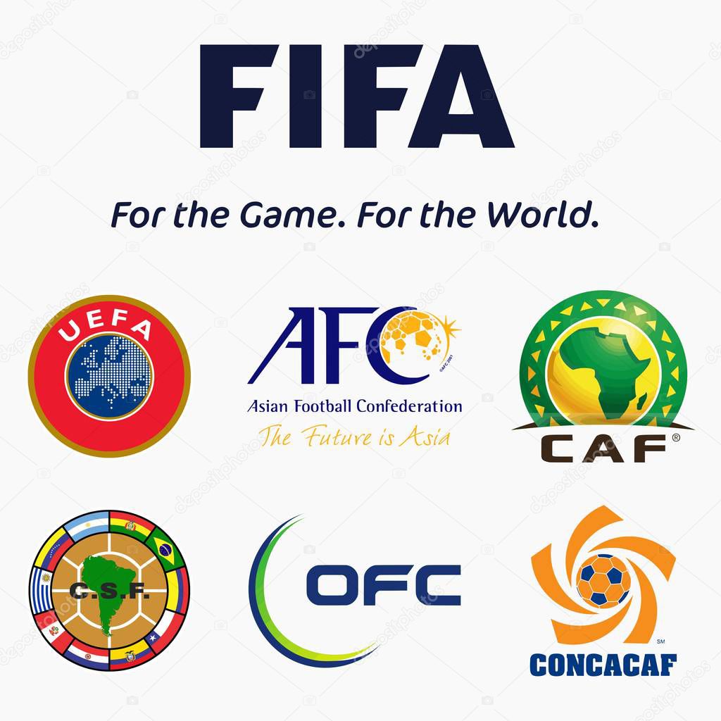 MILAN, ITALY - DECEMBER 21, 2018: Vector collection of football (soccer) confederations emblems isolated on white background