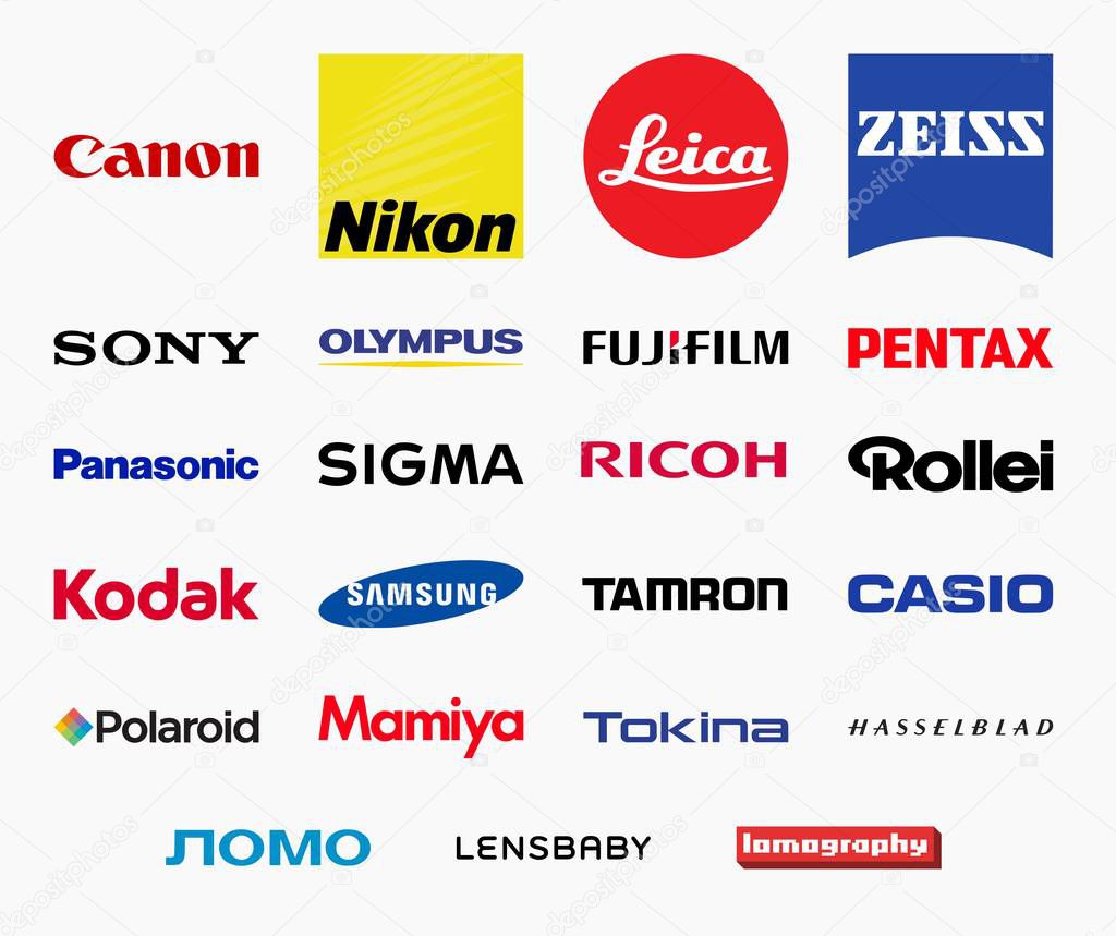 MILAN, ITALY - DECEMBER 21, 2018: Vector high quality logo collection of the most important photography related companies - photographic cameras and equipment producers logos