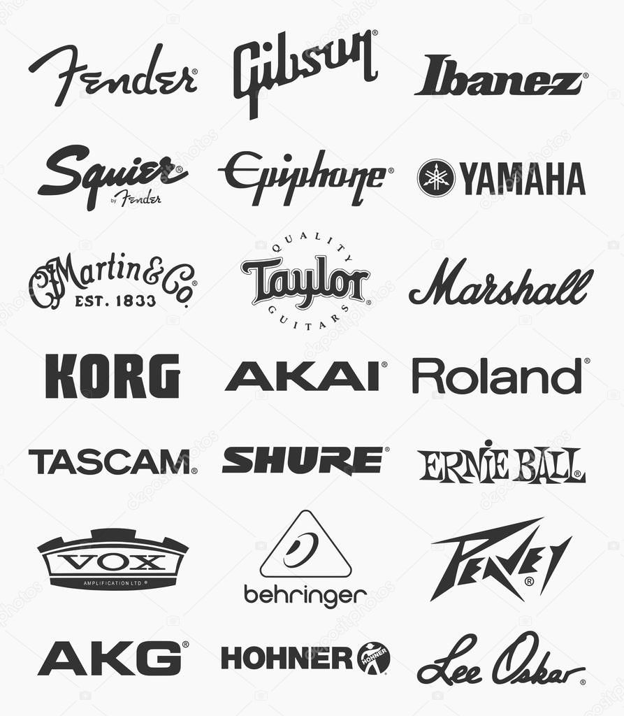 MILAN, ITALY - DICEMBER 21, 2018: Vector collection of the major music equipment manufacturers in the world logo collection isolated on white background