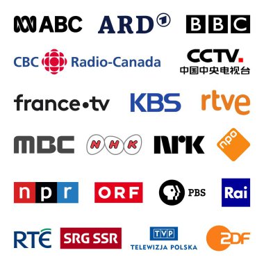 Public television broadcasters in the world, high quality vector logo collection set  clipart