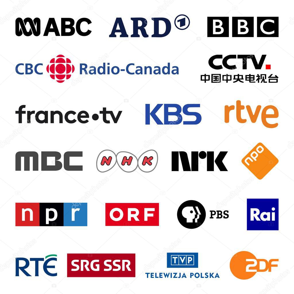 Public television broadcasters in the world, high quality vector logo collection set