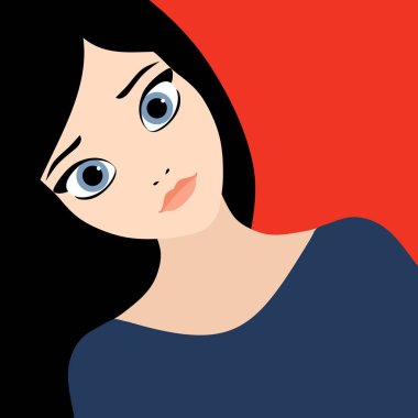 Kırmızı arka plan üzerinde siyah saçlı ve mavi gözlü güzel moda genç kadın Vektör düz stil illüstrasyon. Aşık yoğun ve baştan çıkarıcı seksi esmer kız 