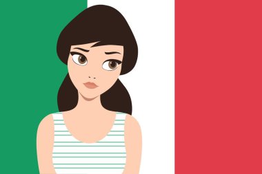 Akdeniz tarzı güzelliği temsil eden İtalyan bayrağı önünde güzel bir esmer kız Vektör illüstrasyon 
