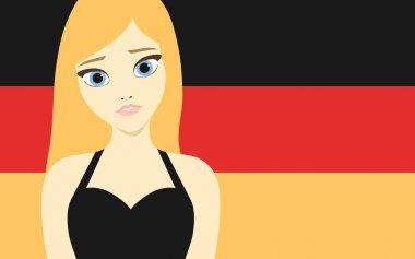 Orta Avrupa tarzı güzelliği temsil eden Alman bayrağı önünde güzel bir sarışın kız Vektör illüstrasyon 