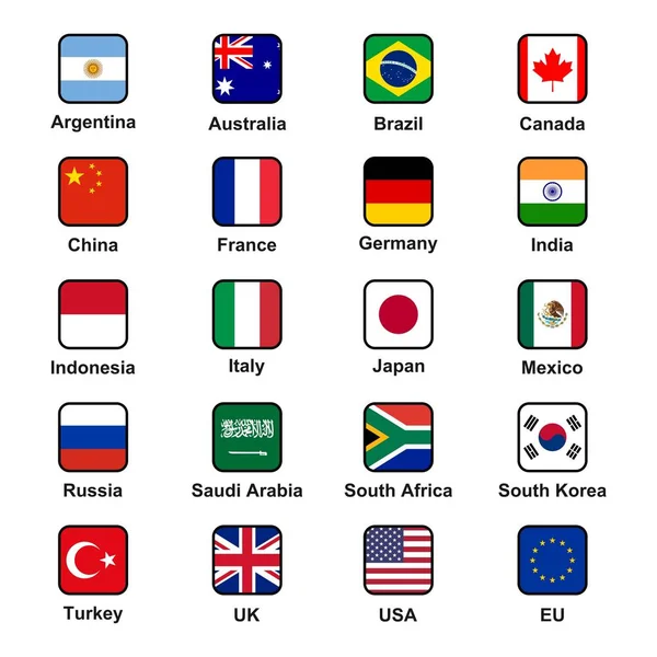 以方形格式矢量高质量收集 G20 主要经济体 官方旗帜集 比例世界旗帜 — 图库矢量图片