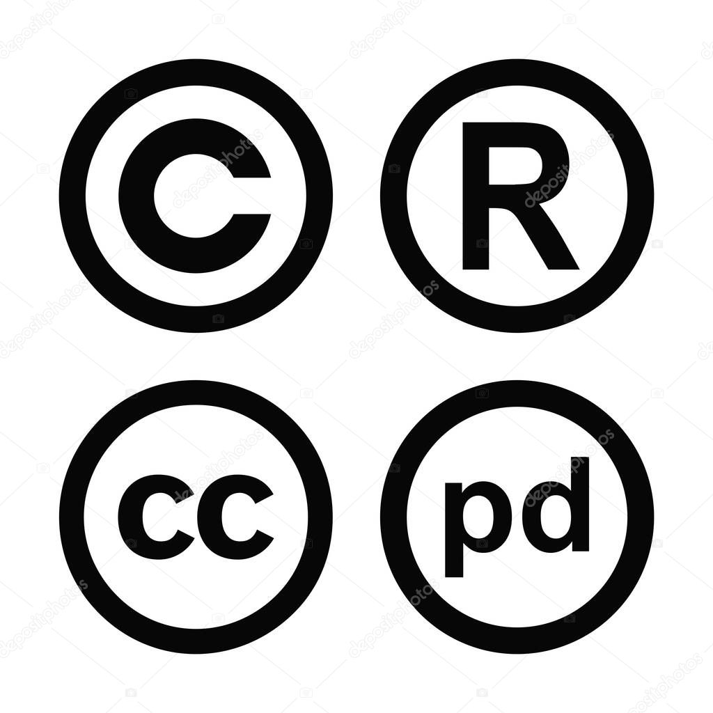 Vector high quality symbols collection set of the copyright registered trademark public domain and creative commons symbol 