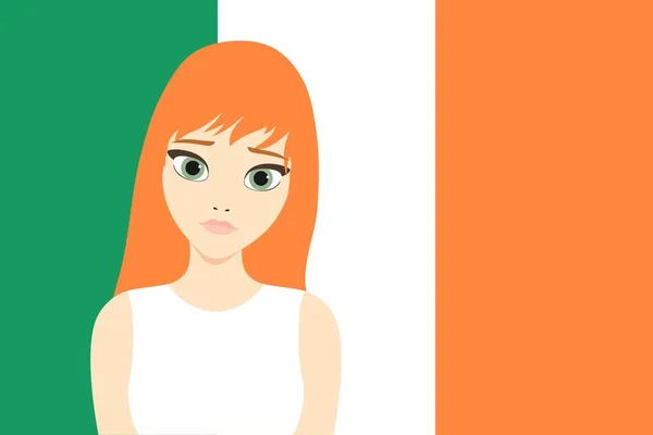 Vektor Illustration Vacker Rödhårig Flicka Framför Den Irländska Flaggan Representerar — Stock vektor