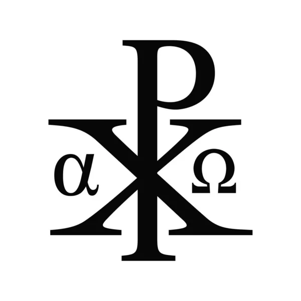 Hıristiyan kutsal Chi Rho sembolü vektör illüstrasyon- Alfa ve Omega versiyonu. Beyaz arka planda yalıtılmış Christ siyah monogram simgesi