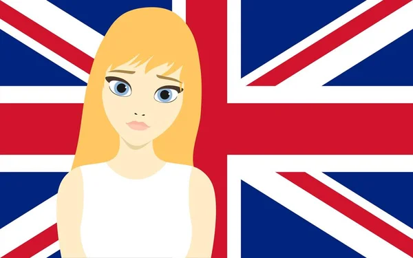 Ilustración Vectorial Una Hermosa Chica Rubia Frente Bandera Del Reino — Vector de stock