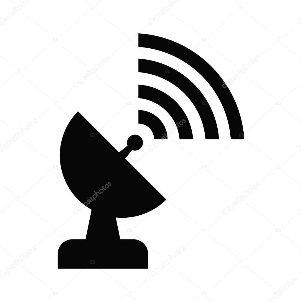 Vector illustration icon of satellite dish with radio communication symbols. Tech connection concept black icon isolated on white background